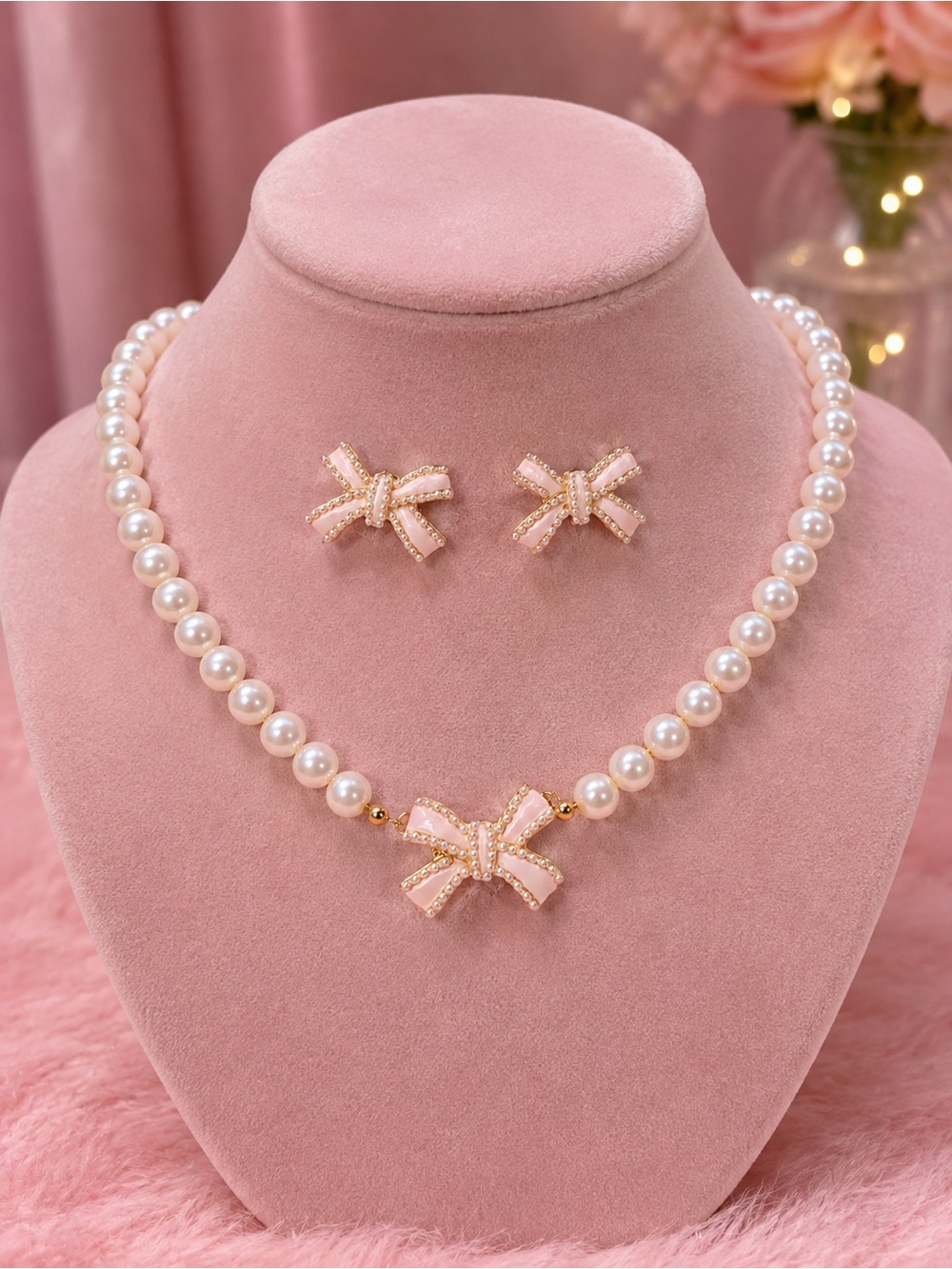 Pearl Necklace and Bow Earrings Set - Pink Pearlescent Accent